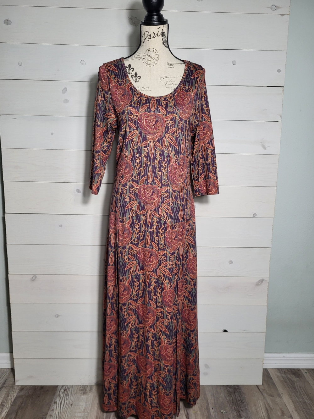 Soft Surroundings Maxi Dress Rust Floral Print Scoop Neck Fall BOHO.